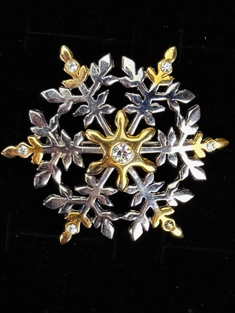 Vintage Two Tone Snowflake Brooch Silver Gold Clear Accents Holiday Winter Pin